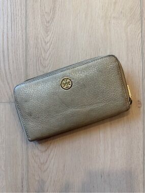 Tory Burch Metallic Gold Zip-Around Leather Wallet